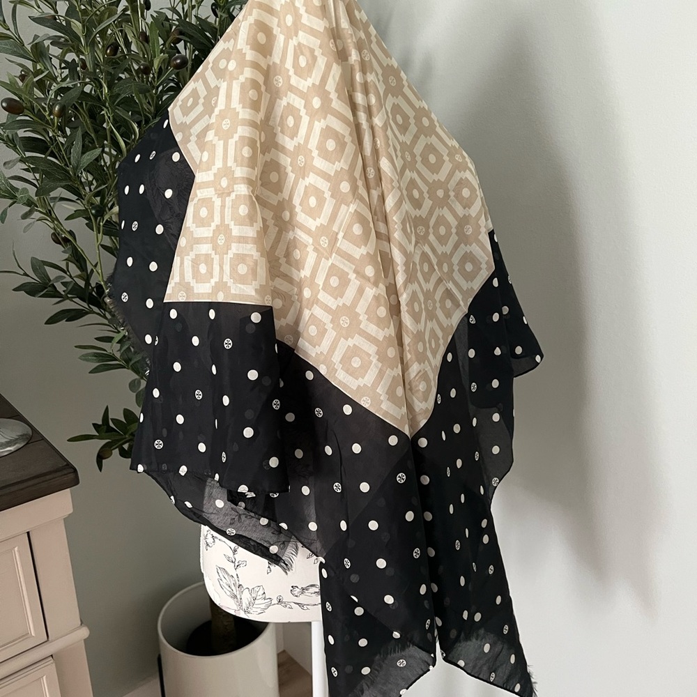 Tory Burch Black and Cream Polka Dot & Geometric Silk Scarf